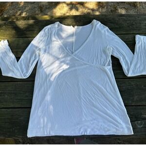 We The‎ Free Top White Ribbed Knit Surplice Long Sleeve Flared Bohemian